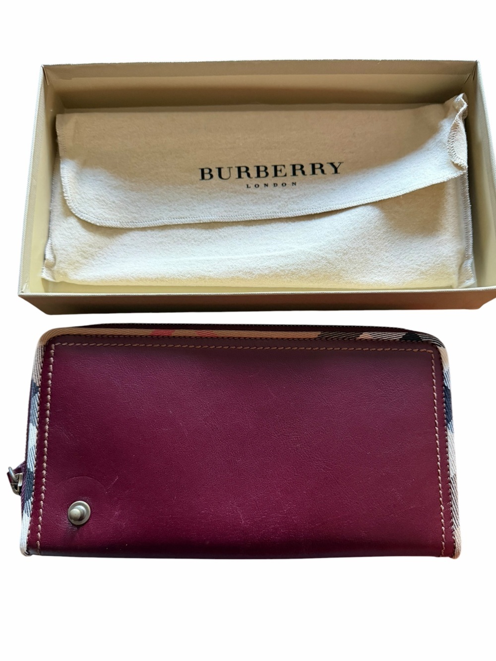 Burberry Wine Red Leather Zip Wallet with Signature Check Trim - New With Bix